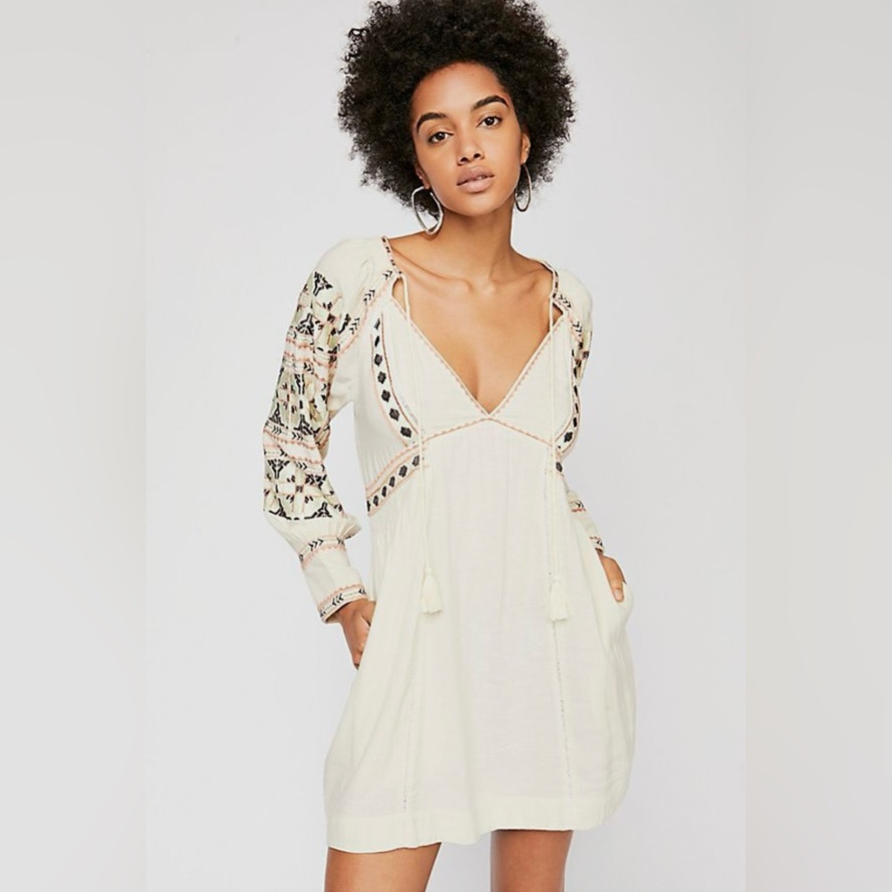 Free People All My Life Ivory Embroidered Mini Dress Boho Hippie Size XS